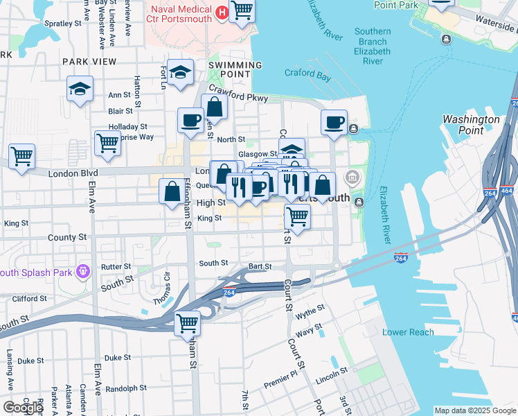 map of restaurants, bars, coffee shops, grocery stores, and more near in Portsmouth