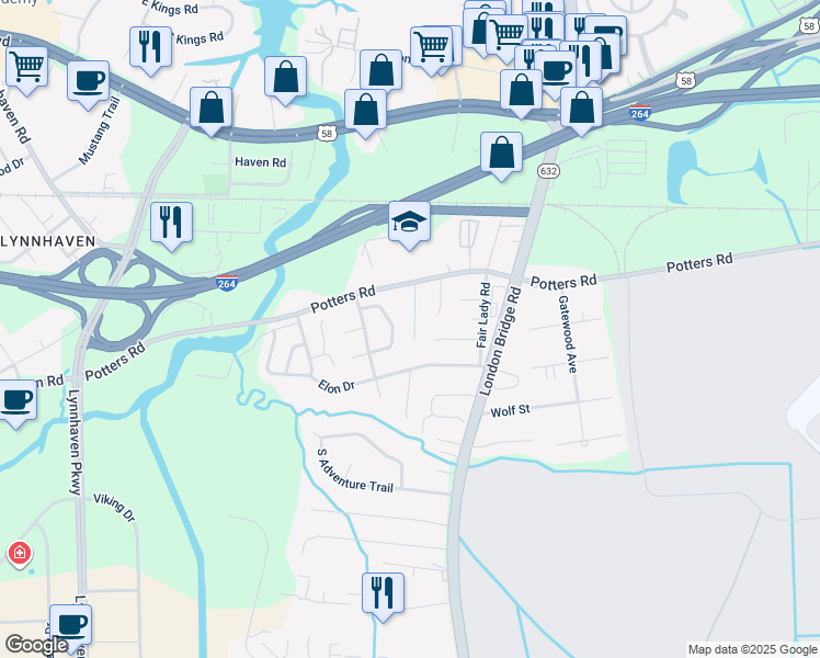 map of restaurants, bars, coffee shops, grocery stores, and more near 225 Whispering Pines Court in Virginia Beach