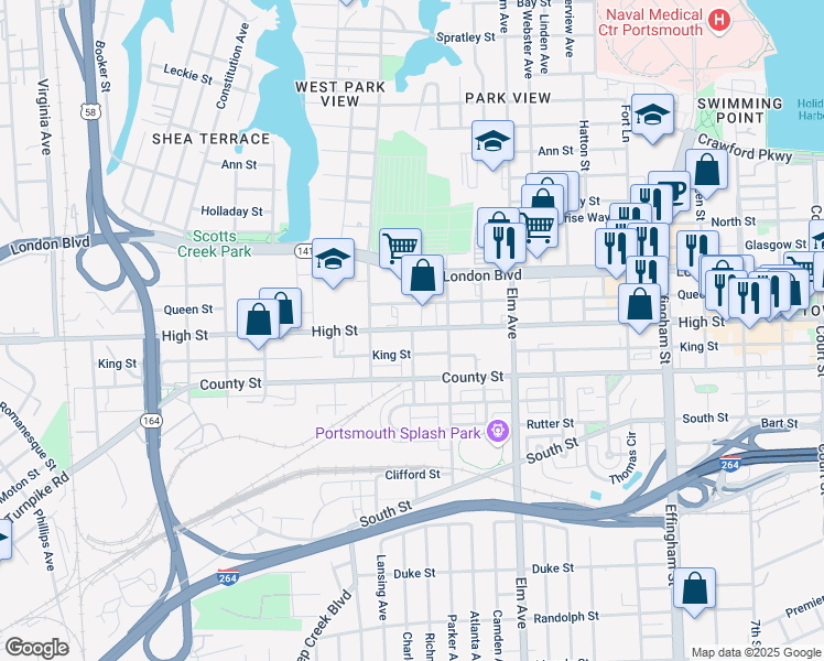 map of restaurants, bars, coffee shops, grocery stores, and more near 505 Twine Avenue in Portsmouth
