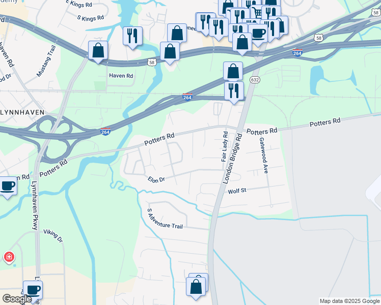 map of restaurants, bars, coffee shops, grocery stores, and more near 225 Whispering Pines Court in Virginia Beach