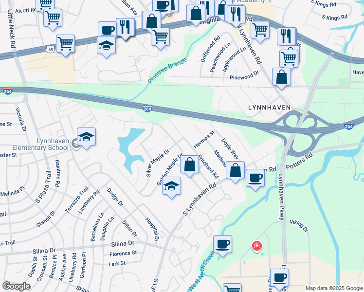 map of restaurants, bars, coffee shops, grocery stores, and more near 204 Golden Maple Drive in Virginia Beach