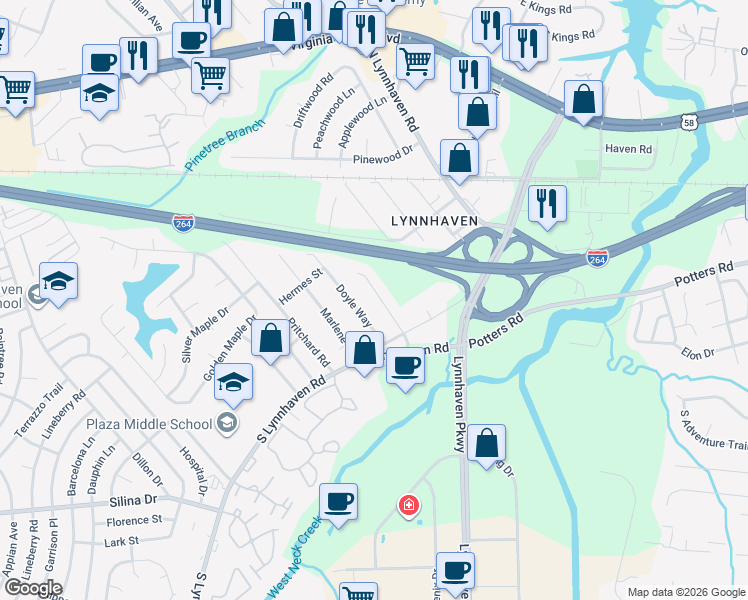 map of restaurants, bars, coffee shops, grocery stores, and more near 236 Gimbert Drive in Virginia Beach