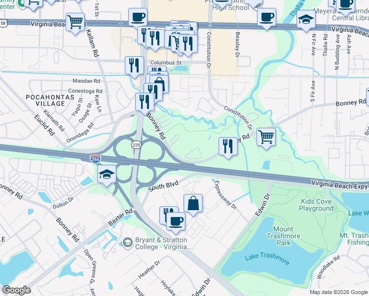 map of restaurants, bars, coffee shops, grocery stores, and more near 4548 Bonney Road in Virginia Beach