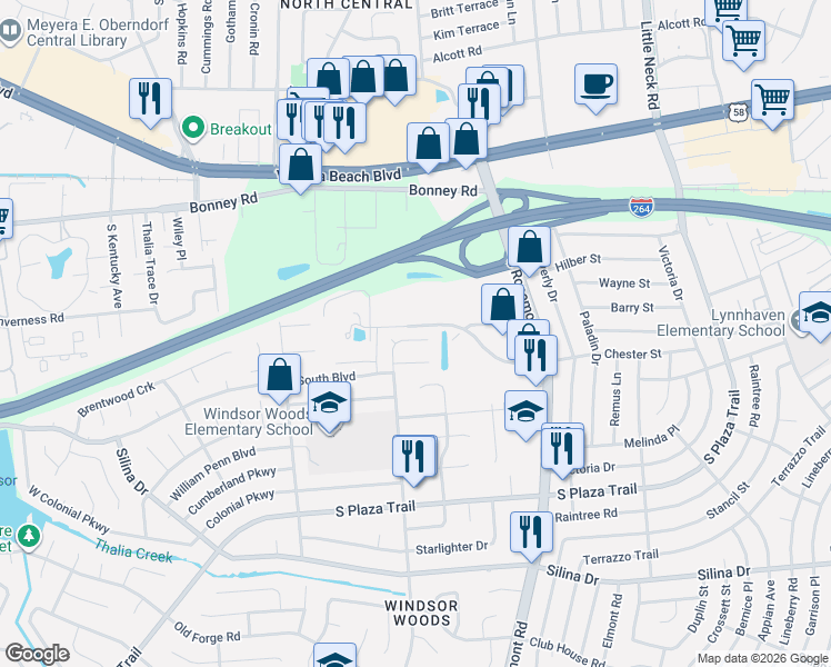 map of restaurants, bars, coffee shops, grocery stores, and more near 3736 Sentara Way in Virginia Beach
