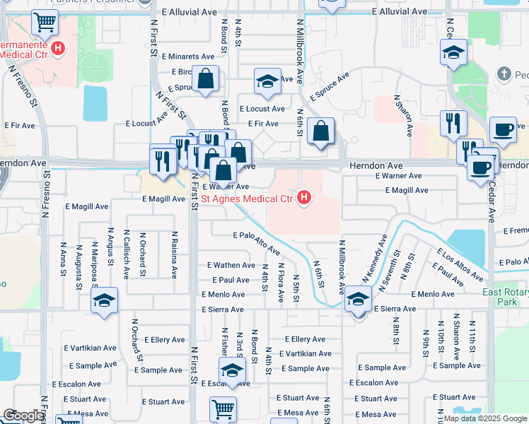 map of restaurants, bars, coffee shops, grocery stores, and more near 6636 North 3rd Street in Fresno