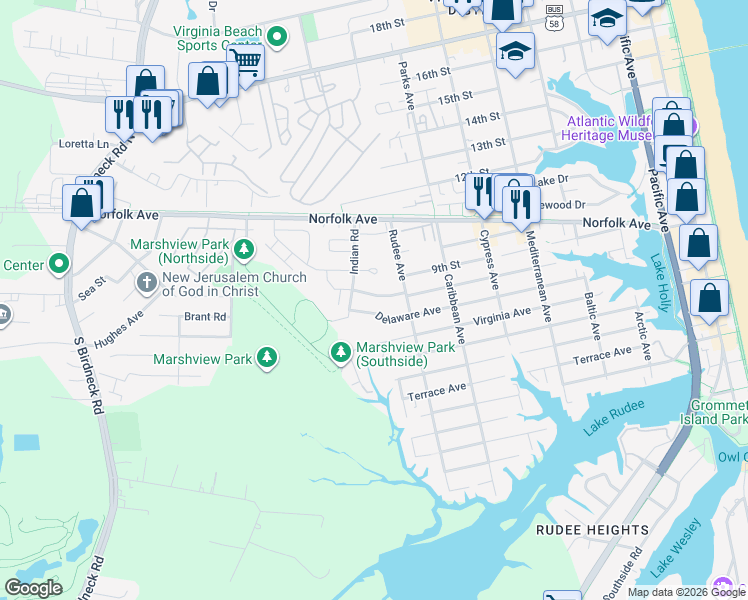 map of restaurants, bars, coffee shops, grocery stores, and more near 909 Maryland Avenue in Virginia Beach
