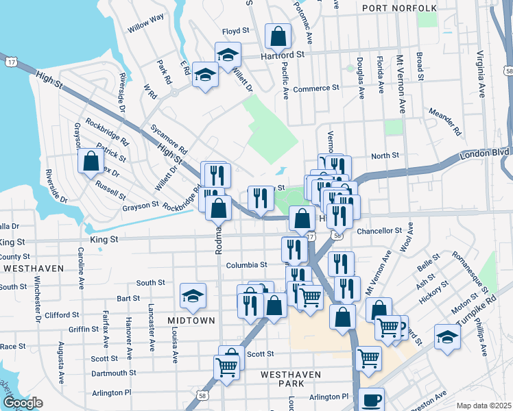 map of restaurants, bars, coffee shops, grocery stores, and more near 3500 Queen Street in Portsmouth