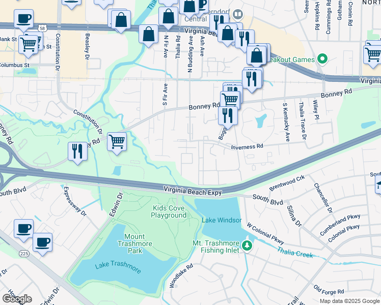 map of restaurants, bars, coffee shops, grocery stores, and more near 149 South Budding Avenue in Virginia Beach