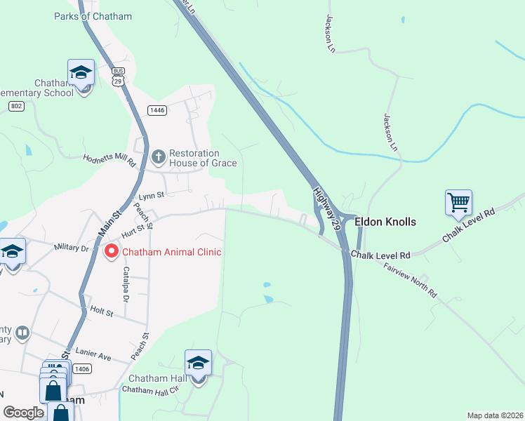 map of restaurants, bars, coffee shops, grocery stores, and more near 533 Chalk Level Road in Chatham