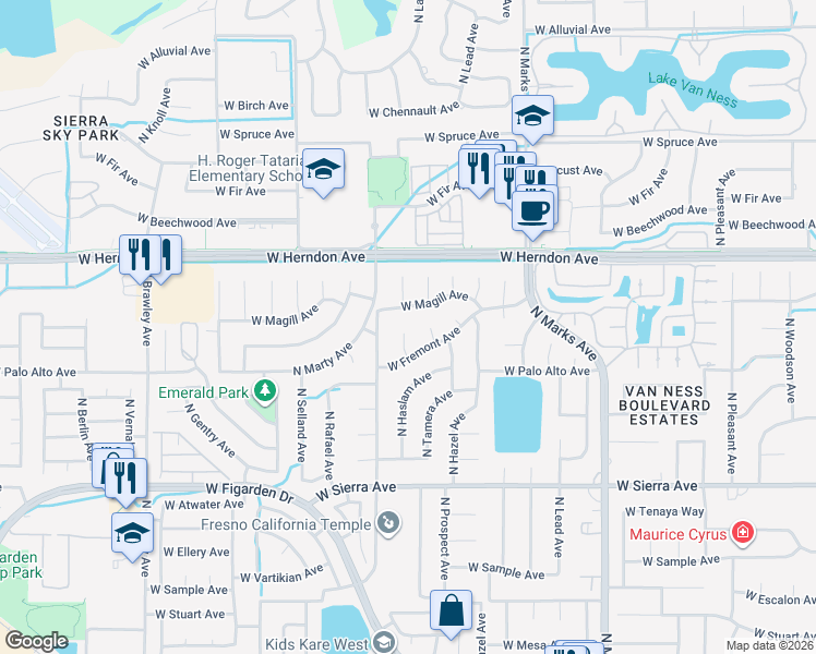 map of restaurants, bars, coffee shops, grocery stores, and more near 3315 West Magill Avenue in Fresno