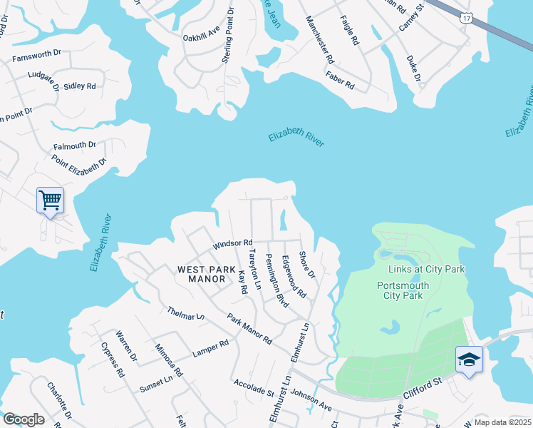 map of restaurants, bars, coffee shops, grocery stores, and more near 413 Pennington Boulevard in Portsmouth