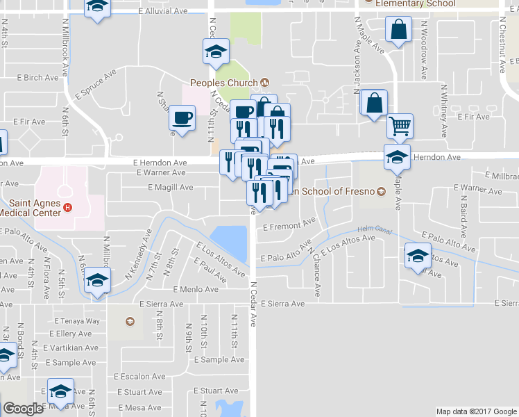 map of restaurants, bars, coffee shops, grocery stores, and more near 6666 North Cedar Avenue in Fresno