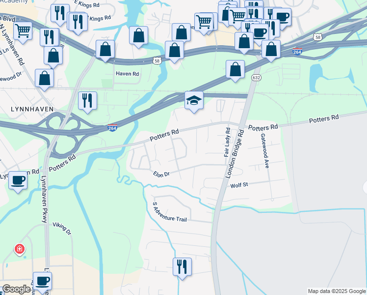 map of restaurants, bars, coffee shops, grocery stores, and more near 2455 Eastchester Drive in Virginia Beach