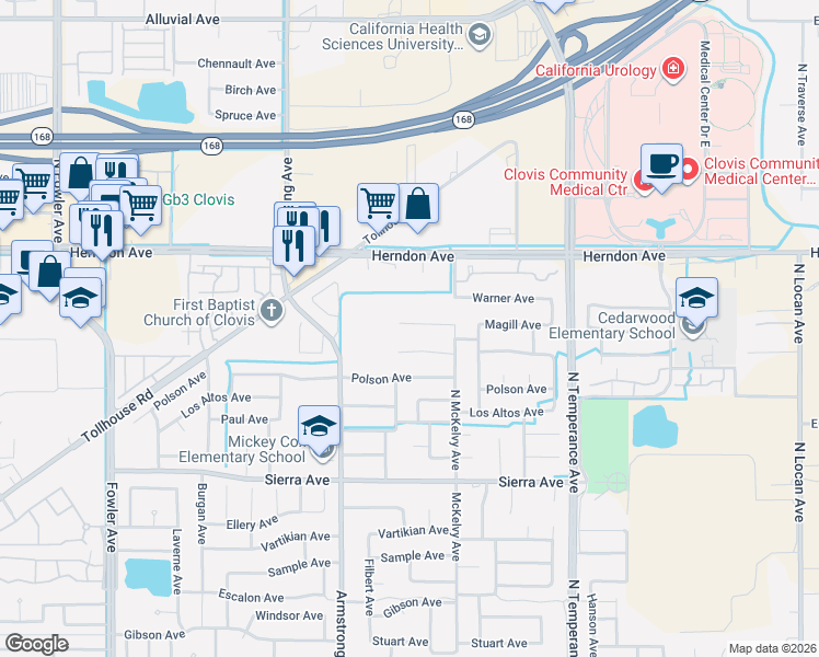 map of restaurants, bars, coffee shops, grocery stores, and more near 2331 Magill Avenue in Clovis