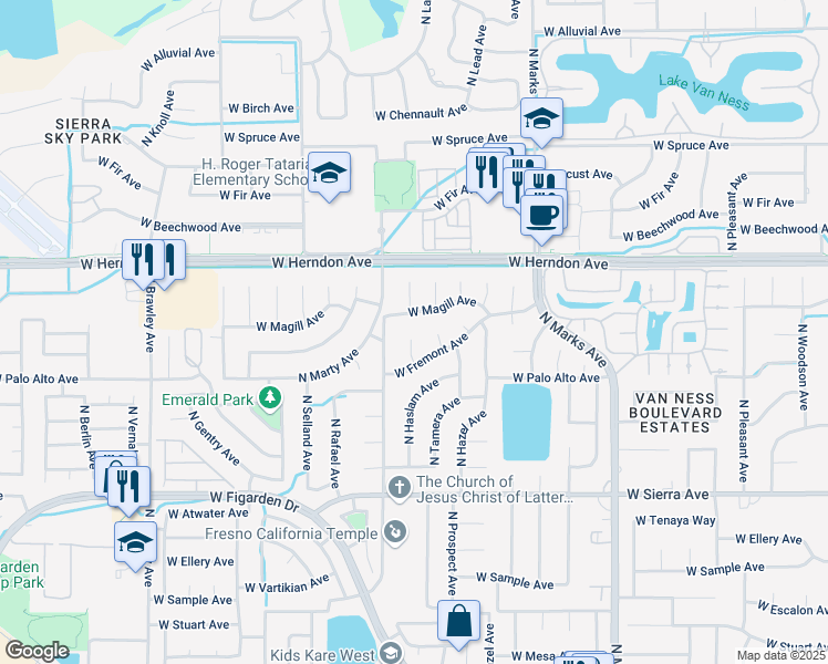 map of restaurants, bars, coffee shops, grocery stores, and more near 3315 West Magill Avenue in Fresno