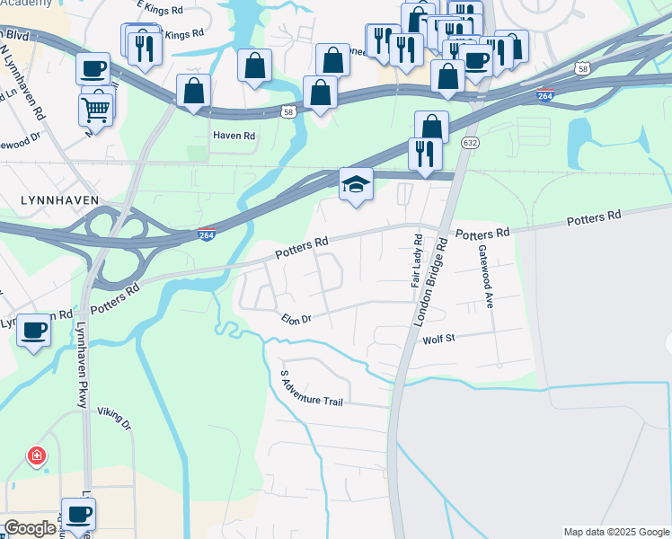 map of restaurants, bars, coffee shops, grocery stores, and more near 2455 Eastchester Drive in Virginia Beach