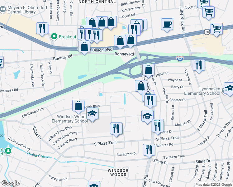 map of restaurants, bars, coffee shops, grocery stores, and more near 3736 Sentara Way in Virginia Beach