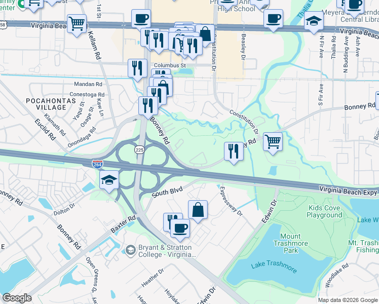 map of restaurants, bars, coffee shops, grocery stores, and more near 4548 Bonney Road in Virginia Beach
