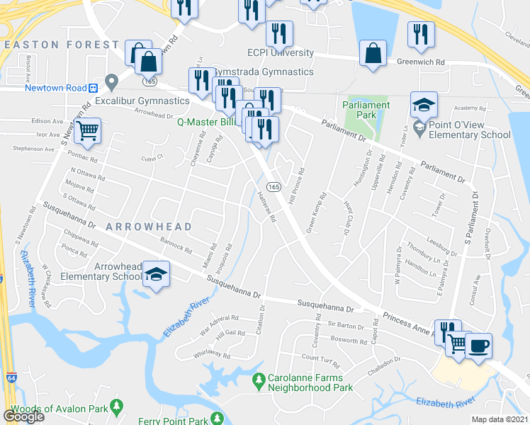 map of restaurants, bars, coffee shops, grocery stores, and more near 5537 Hatteras Road in Virginia Beach