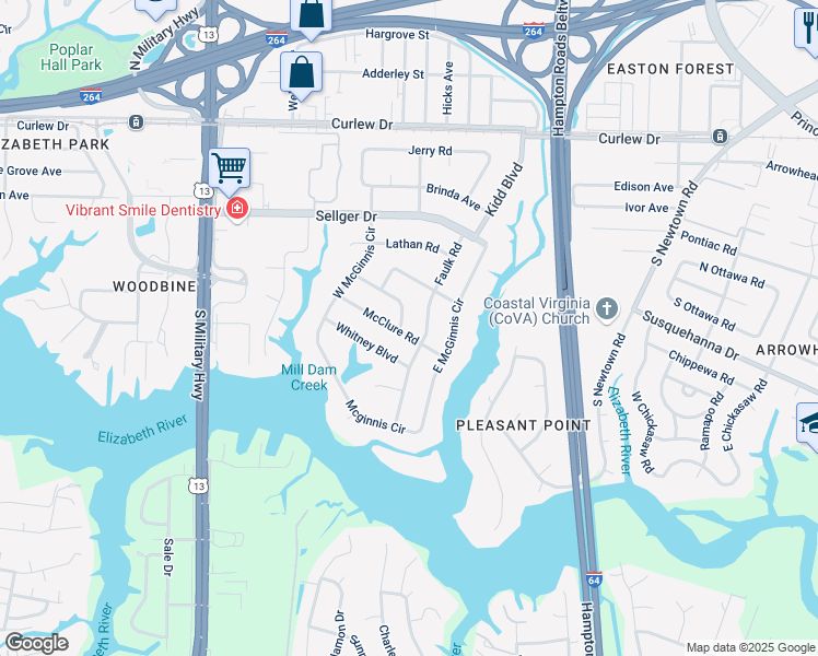 map of restaurants, bars, coffee shops, grocery stores, and more near 5935 Oetjen Boulevard in Norfolk