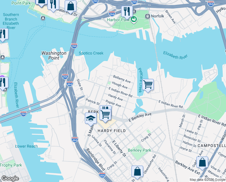 map of restaurants, bars, coffee shops, grocery stores, and more near 120 East Indian River Road in Norfolk