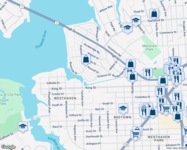 map of restaurants, bars, coffee shops, grocery stores, and more near 415 Russell Street in Portsmouth