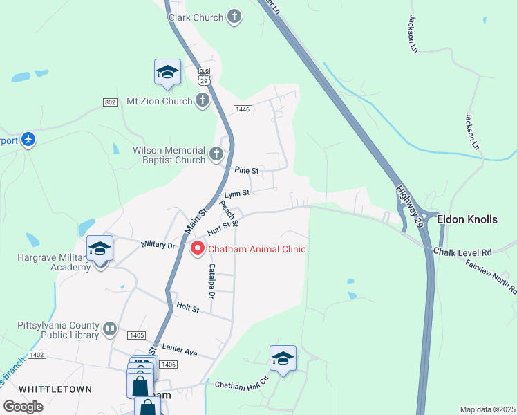 map of restaurants, bars, coffee shops, grocery stores, and more near 250 Hurt Street in Chatham