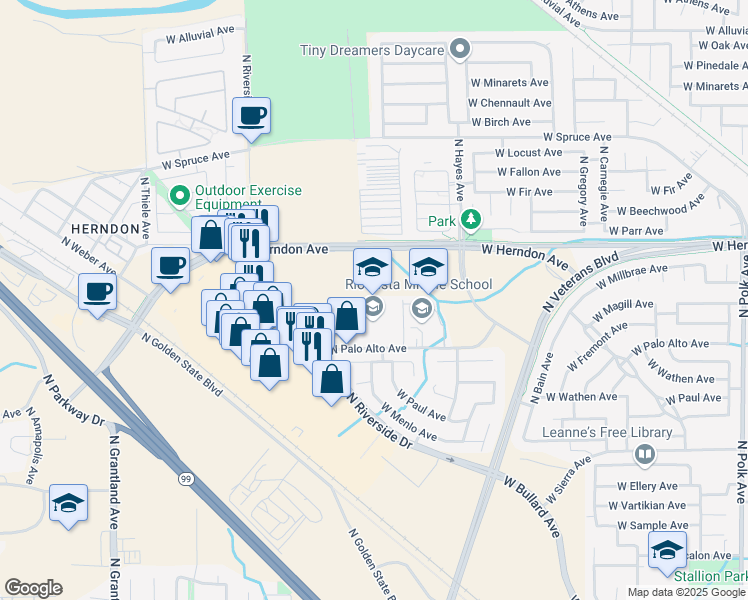 map of restaurants, bars, coffee shops, grocery stores, and more near 6240 West Palo Alto Avenue in Fresno