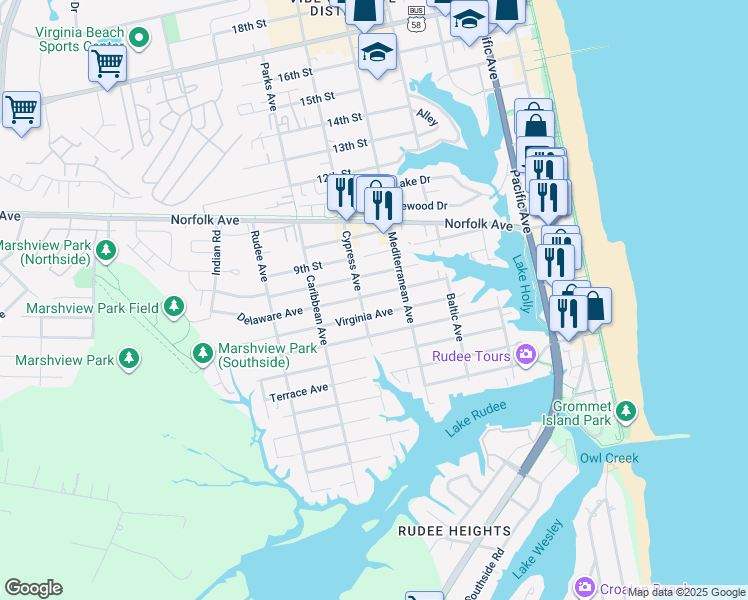 map of restaurants, bars, coffee shops, grocery stores, and more near 624 Delaware Avenue in Virginia Beach