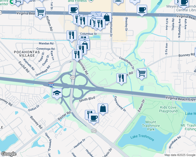 map of restaurants, bars, coffee shops, grocery stores, and more near 4548 Bonney Road in Virginia Beach
