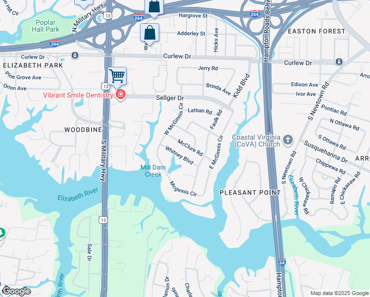 map of restaurants, bars, coffee shops, grocery stores, and more near 5929 McClure Road in Norfolk