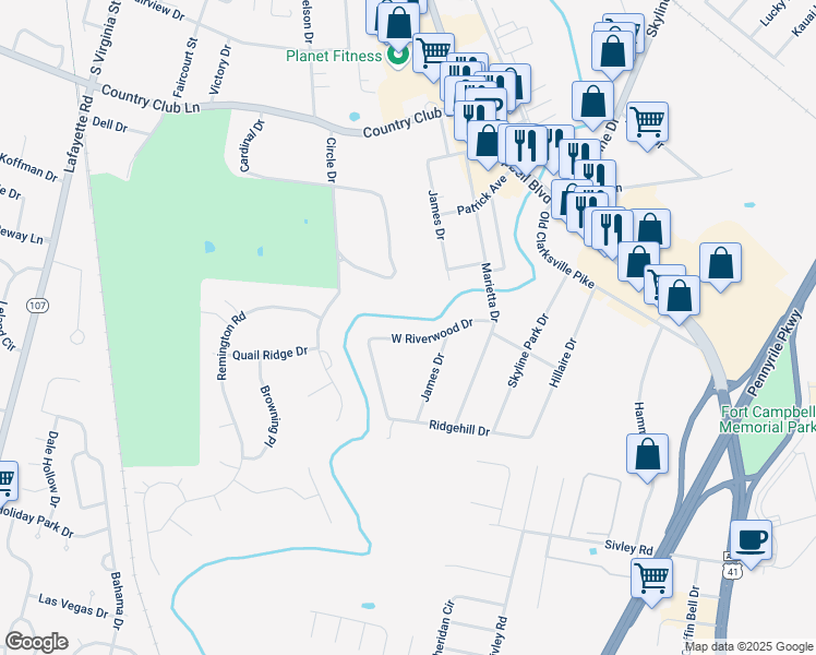map of restaurants, bars, coffee shops, grocery stores, and more near 407 West Riverwood Drive in Hopkinsville