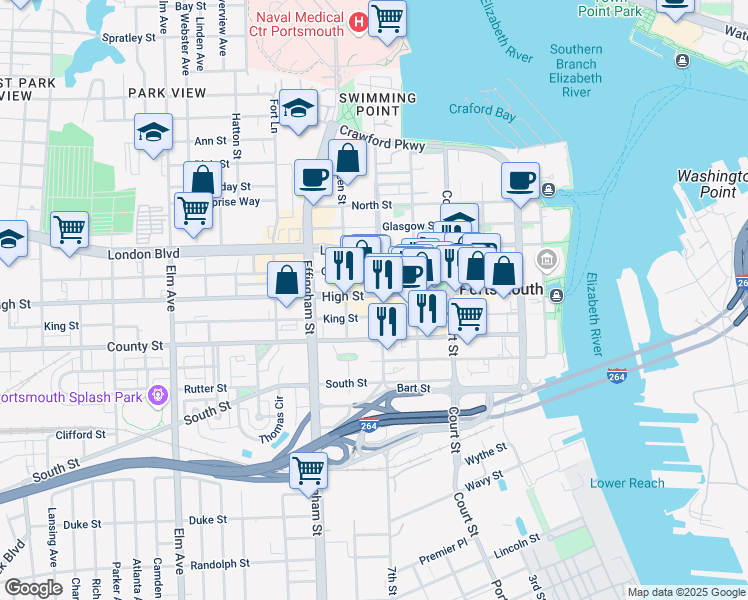 map of restaurants, bars, coffee shops, grocery stores, and more near 522 High Street in Portsmouth