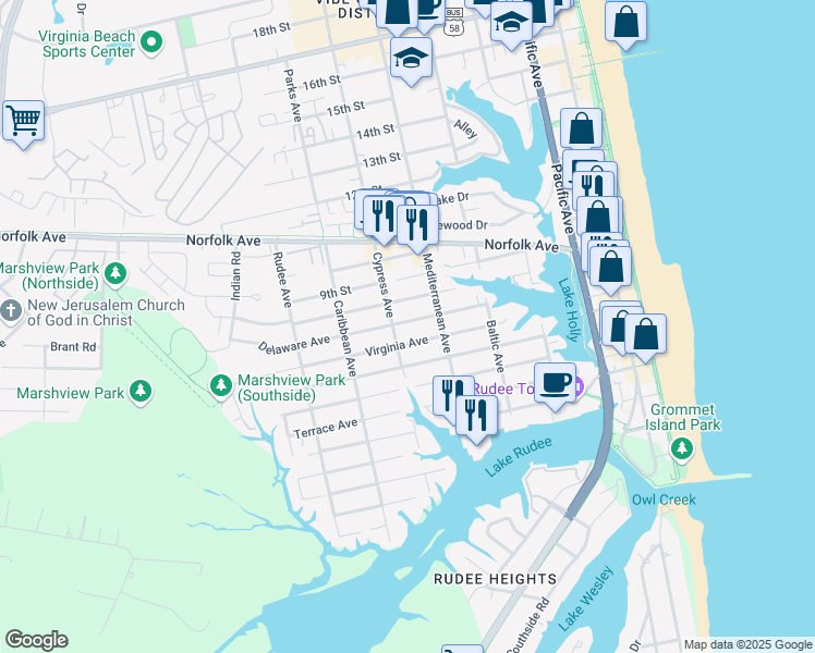 map of restaurants, bars, coffee shops, grocery stores, and more near 624 Delaware Avenue in Virginia Beach
