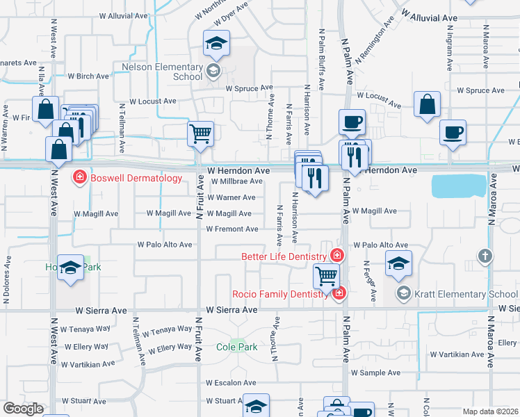 map of restaurants, bars, coffee shops, grocery stores, and more near 1245 West Warner Avenue in Fresno