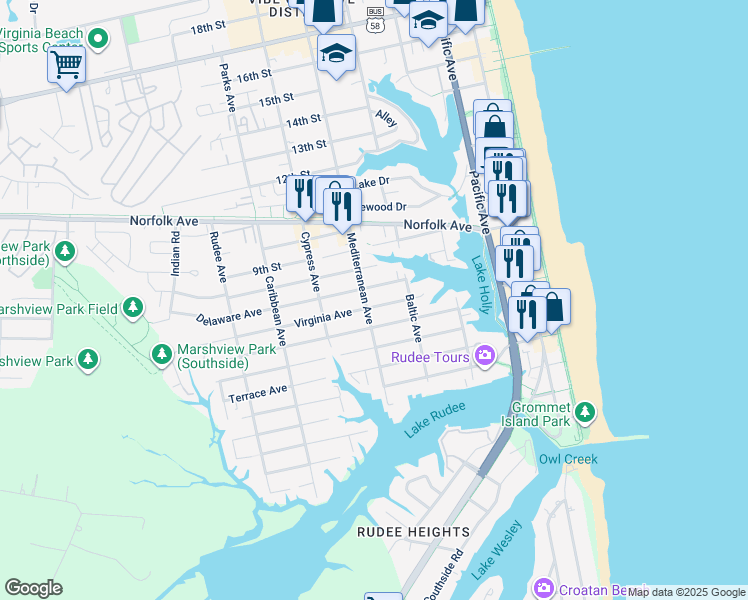 map of restaurants, bars, coffee shops, grocery stores, and more near 527 Virginia Avenue in Virginia Beach