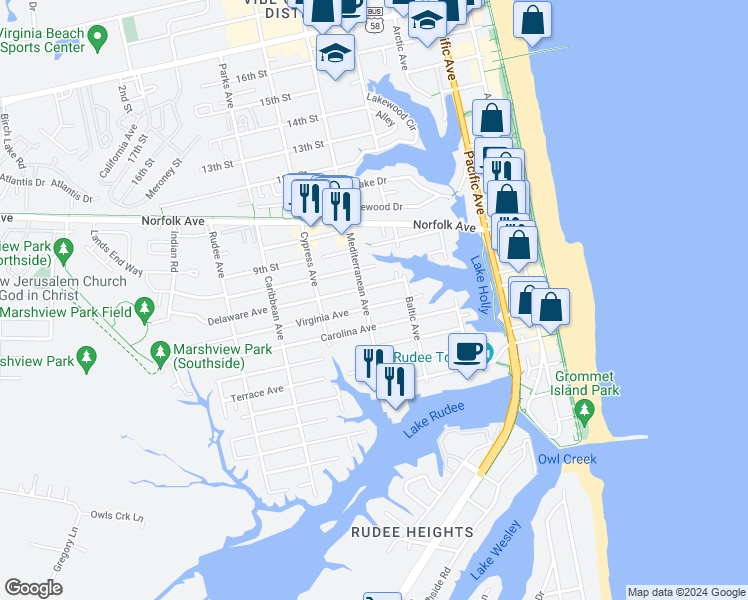 map of restaurants, bars, coffee shops, grocery stores, and more near 527 Virginia Avenue in Virginia Beach