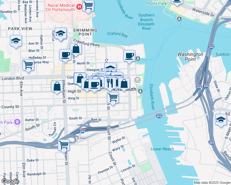 map of restaurants, bars, coffee shops, grocery stores, and more near 340 High Street in Portsmouth