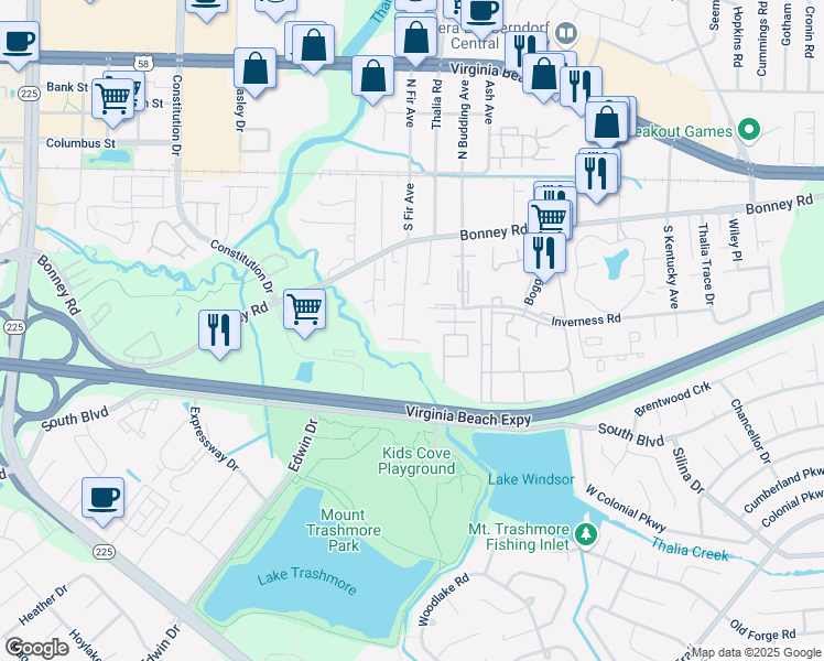 map of restaurants, bars, coffee shops, grocery stores, and more near 188 South Fir Avenue in Virginia Beach
