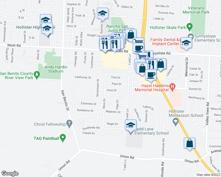 map of restaurants, bars, coffee shops, grocery stores, and more near 370 Irma Drive in Hollister