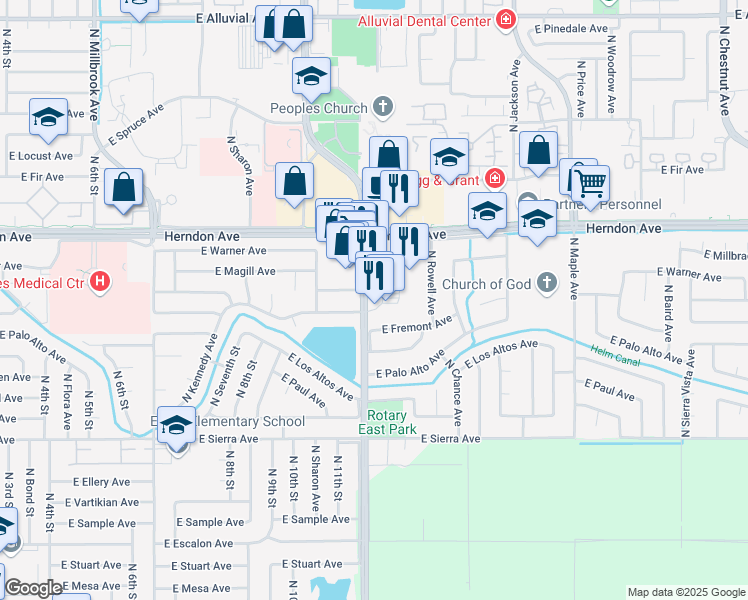 map of restaurants, bars, coffee shops, grocery stores, and more near 6666 North Cedar Avenue in Fresno