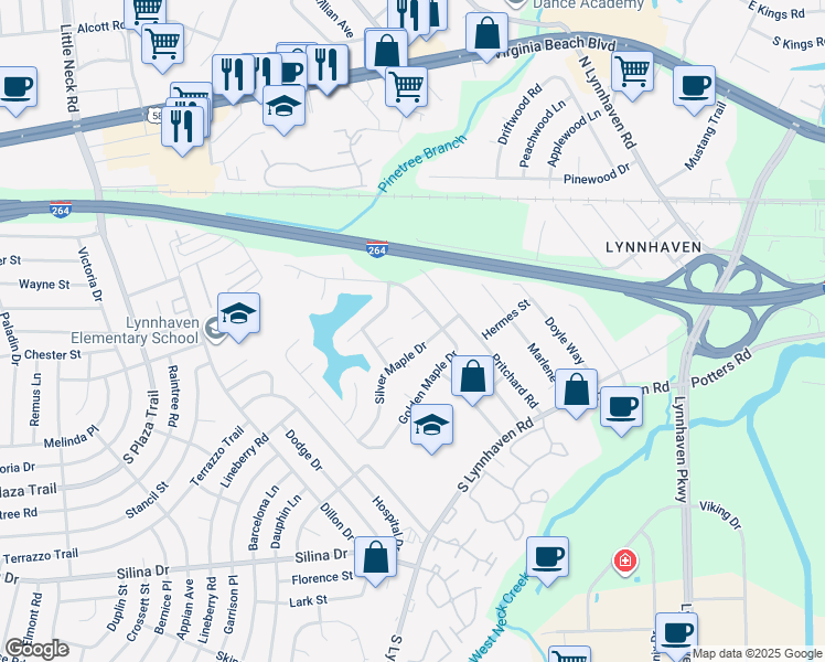 map of restaurants, bars, coffee shops, grocery stores, and more near 3008 Balsam Pine Court in Virginia Beach