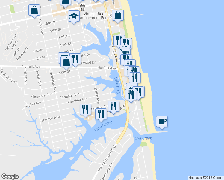 map of restaurants, bars, coffee shops, grocery stores, and more near 703 Arctic Avenue in Virginia Beach