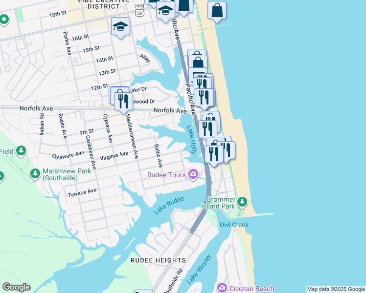 map of restaurants, bars, coffee shops, grocery stores, and more near 703 Arctic Avenue in Virginia Beach