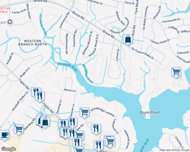 map of restaurants, bars, coffee shops, grocery stores, and more near 2739 East Meadow Drive in Chesapeake