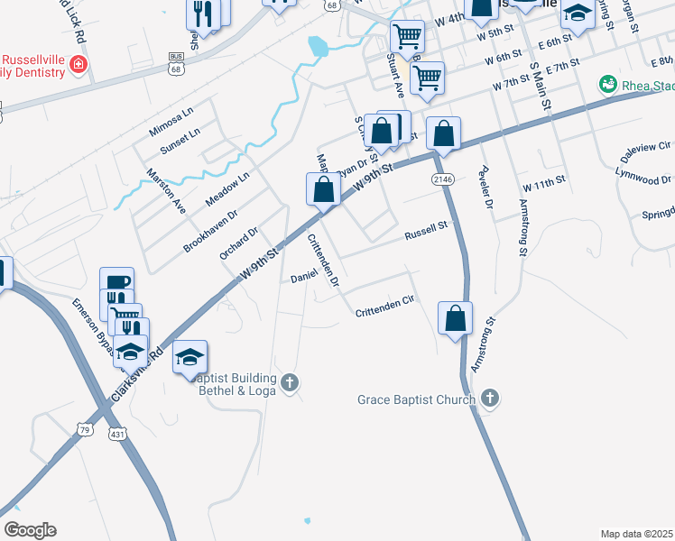map of restaurants, bars, coffee shops, grocery stores, and more near 617 Crittenden Drive in Russellville