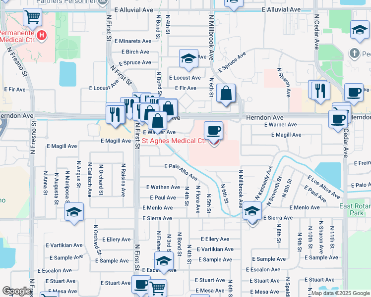 map of restaurants, bars, coffee shops, grocery stores, and more near 6636 North 3rd Street in Fresno