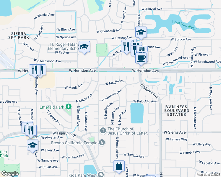 map of restaurants, bars, coffee shops, grocery stores, and more near 3315 West Magill Avenue in Fresno
