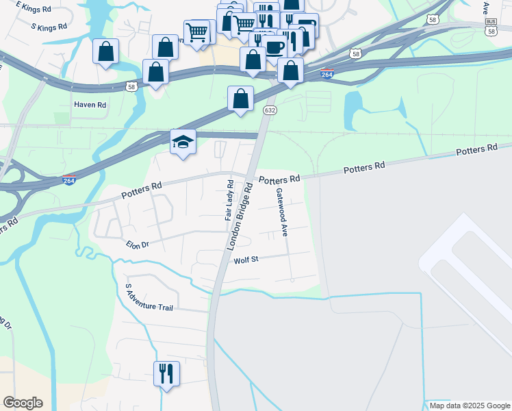 map of restaurants, bars, coffee shops, grocery stores, and more near 2261 Potters Road in Virginia Beach