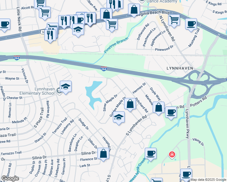 map of restaurants, bars, coffee shops, grocery stores, and more near 3008 Balsam Pine Court in Virginia Beach